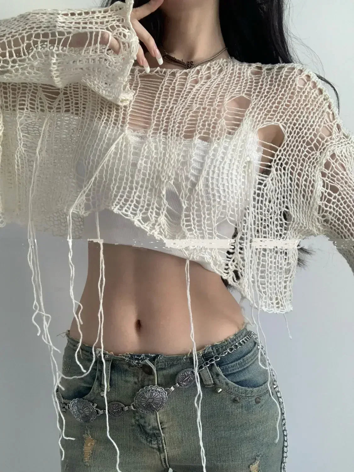 Y2k Cropped Hole Sweater Sexy Gyaru Hollow Out Knit Pullovers Goth Korean Long Sleeve Jumper Summer Fashion Sheer Knitwears Tops