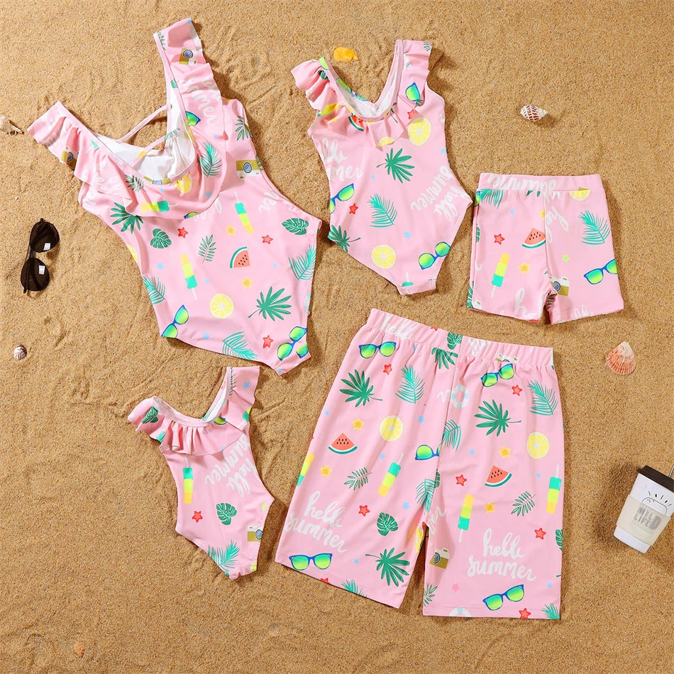 Dinosaurs Swimwear Family Matching Outfits V-Neck Mother Daughter Swimsuits Mommy and Me Dresses Clothes Father Son Swim Shorts
