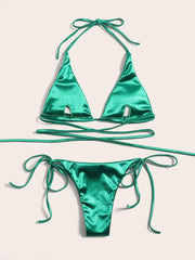 Halter Brazilian Metallic Satin Bikini Women Swimwear Female Swimsuit Two-pieces Bikini Set High Cut Bathing Suit Swim Beachwear
