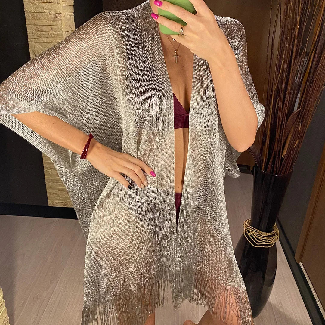 Sexy Fringe Tassel Sheer Knitted Beach Cover Up Dress Shiny Mesh Tunic for Women Swimwear Mesh Cover Lightweight Beach Dress