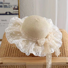 Summer Baby Girl Straw Hat Solid Color Lace Ruffle Kids Fisherman Cap Outdoor Beach Caps Sunshade Wide-brim Bucket Hats