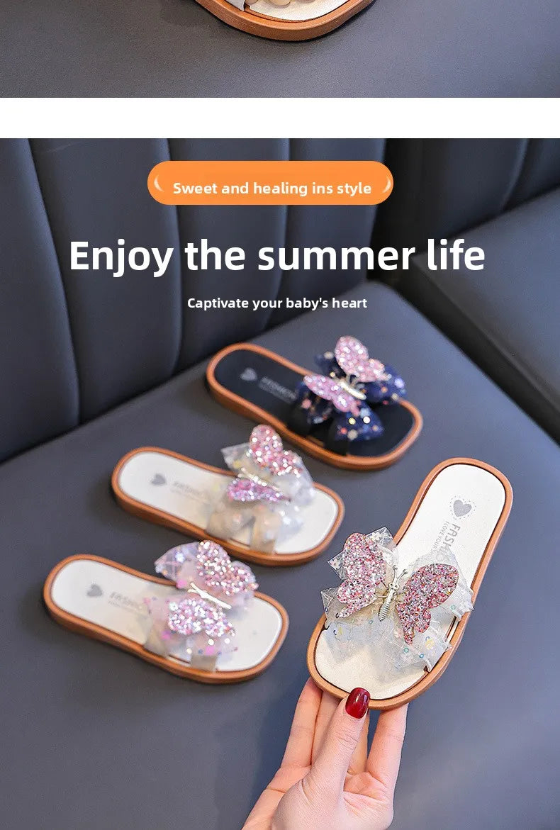 2026 Children's Summer Butterfly Knot Beach Sandals Plastic Slip-On Home Slippers Anti-Slip Beachwear Girls Flip Flops