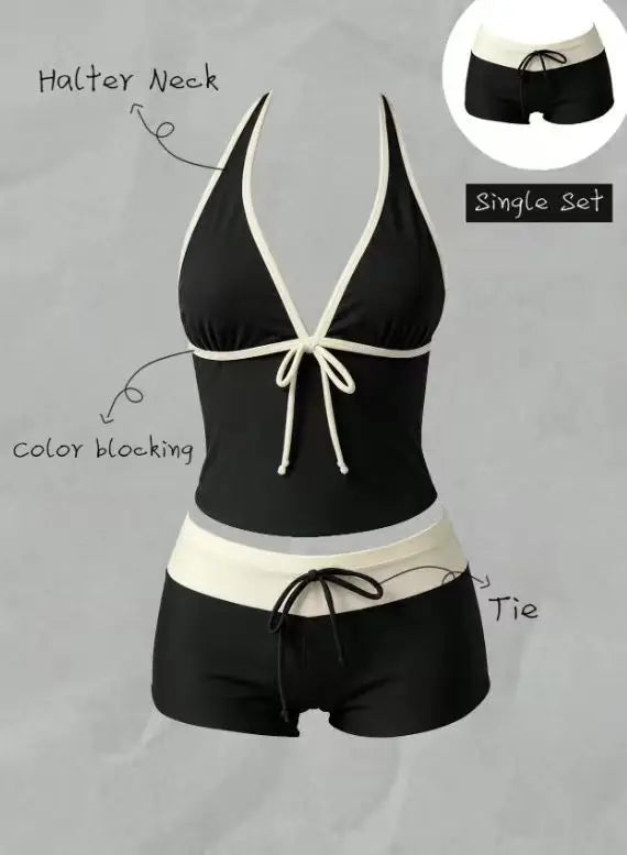 Women Swimwears Polka Dot 2-Piece Tankini Set Halter V Neck Front Tie Cami Top & Contrast Waistband Drawstring Swim Shorts