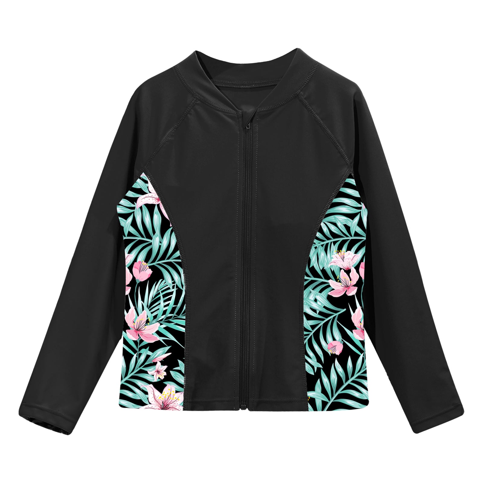 Kids Girls Print Rash Guard T-Shirt Swim Top Long Sleeve Zipper Tops UPF 50+ Sun Protection Pool Swimming Bathing Beach Swimwear