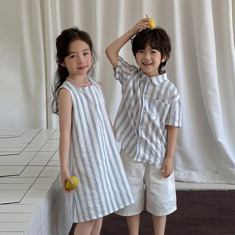 Korea Style Family Matching Outfit Striped Print Short Sleeve T-shirt+Shorts Tank Dress Parent-child Clothing Beach Holiday Look