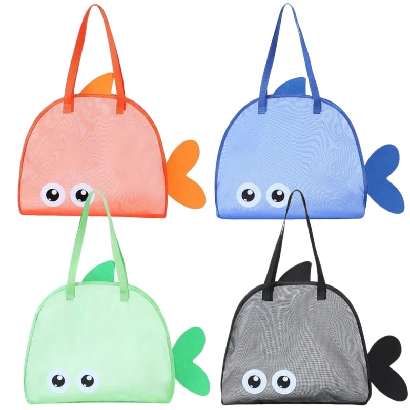 Cartoon Kids Mesh Beach Bag Large Capacity Foldable Sand Toy Storage Tote Lightweight Swim Pool Bag for Gym Travel Camping