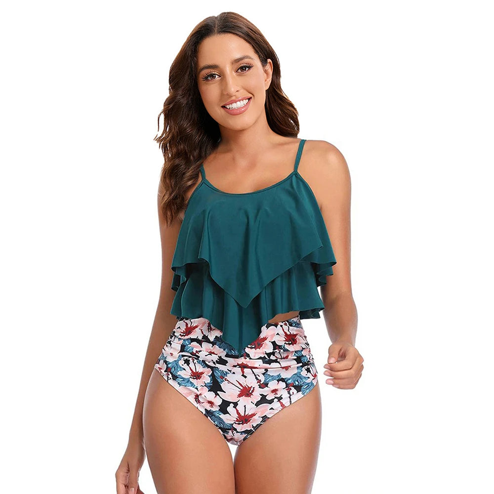 8 Colors Women Ruffled Tankini Set Padded Top With Adjustable Shoulder Straps Elastic Slim Knitted High Waisted Beachwear