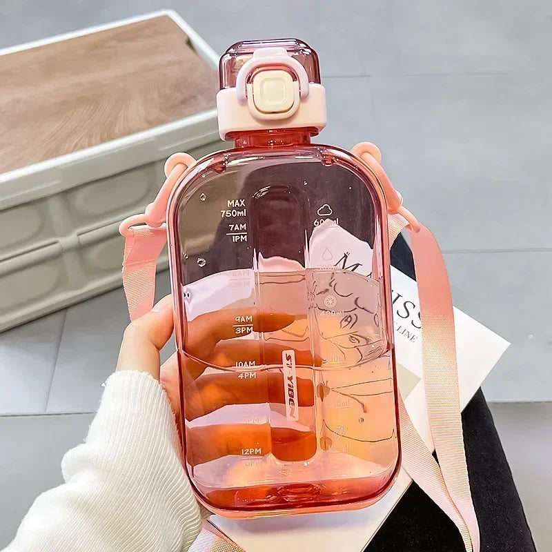 Flat Square Transparent Water Bottle Portable Travel Canteen with Adjustable Strap Elegant Slim Bottle for Sport Camping