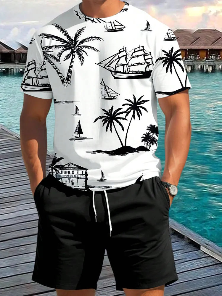 2025 Men's 2 Piece Set Hawaiian Fashion Men's T-shirt Shorts Set Daily Casual Men's Short Sleeve Top Outdoor Beach Men's Short