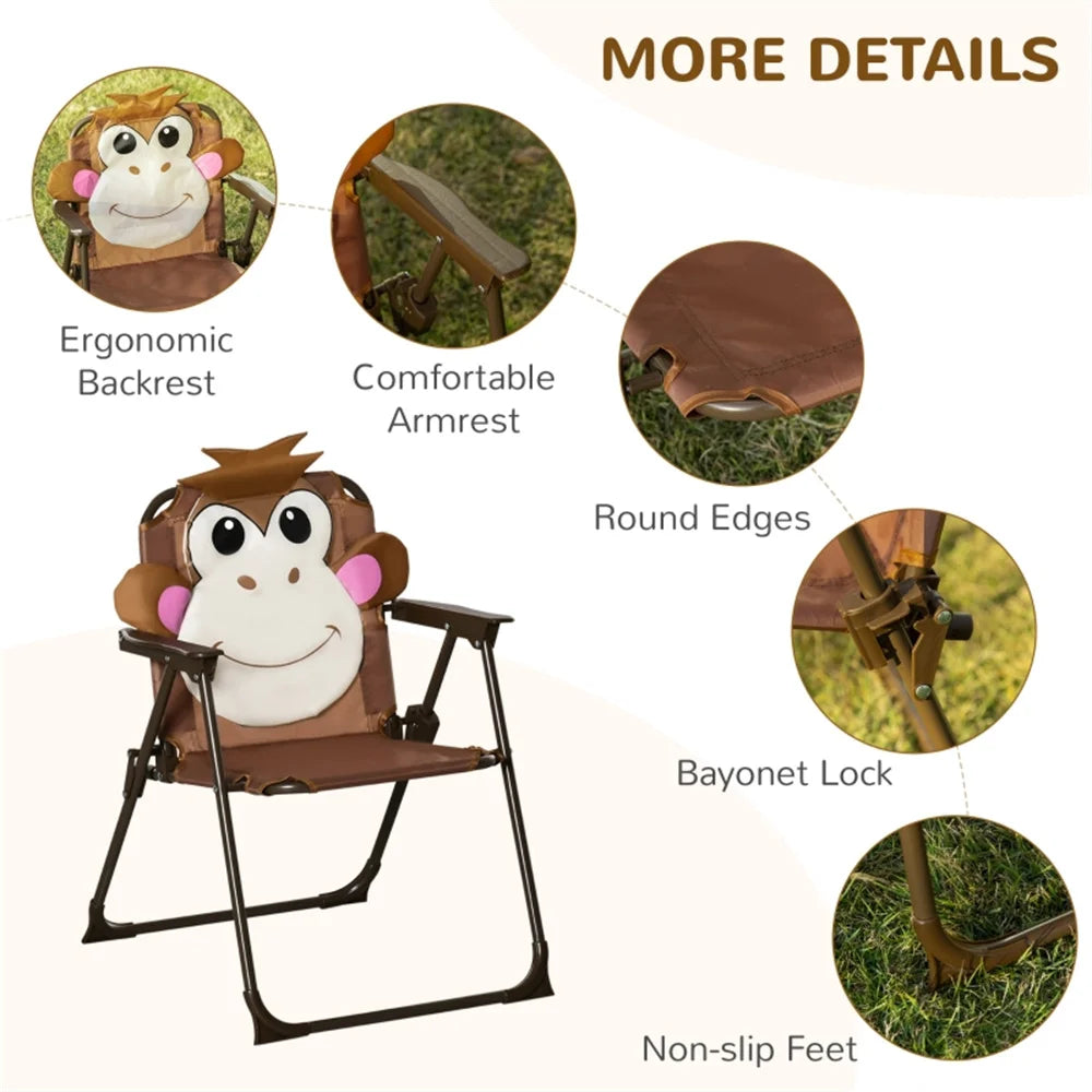 Cute Monkey Kids Patio Table Chair Set with Removable Cartoon Sun Umbrella, Foldable Portable Outdoor Toddler Furniture, 2 Folding Chairs Round Metal Table, Space Saving Kids Play Dining Set for Backyard Garden Lawn Picnic Be