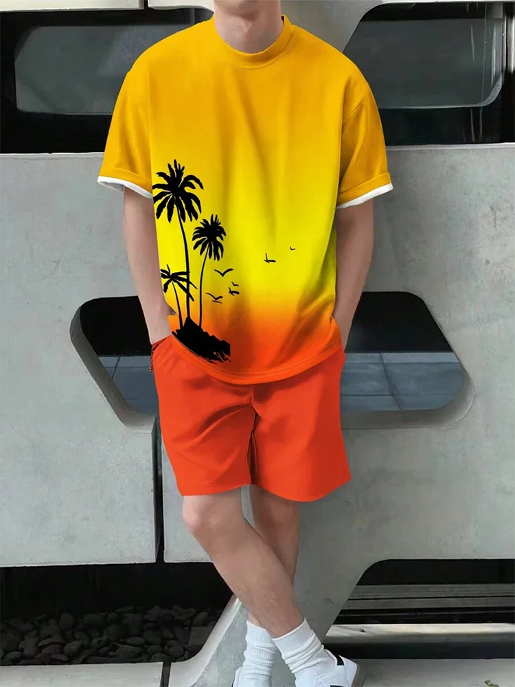 2025 Men's 2 Piece Set Hawaiian Fashion Men's T-shirt Shorts Set Daily Casual Men's Short Sleeve Top Outdoor Beach Men's Short