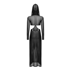 Women Sheer Dress with Hooded Face Mask Maxi High Slit Sexy Mesh Dress Long Sleeves Hollow Out Sheer Dress Cover Up Swimwear