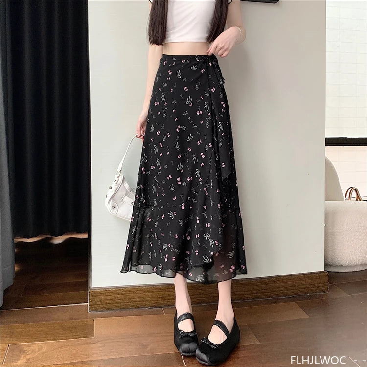 Wrap Up Chic Korea Clothes Women Cute Girls Floral Robe Holiday Beach Date High Waist Retro Vintage One-Piece Lace-Up Skirts