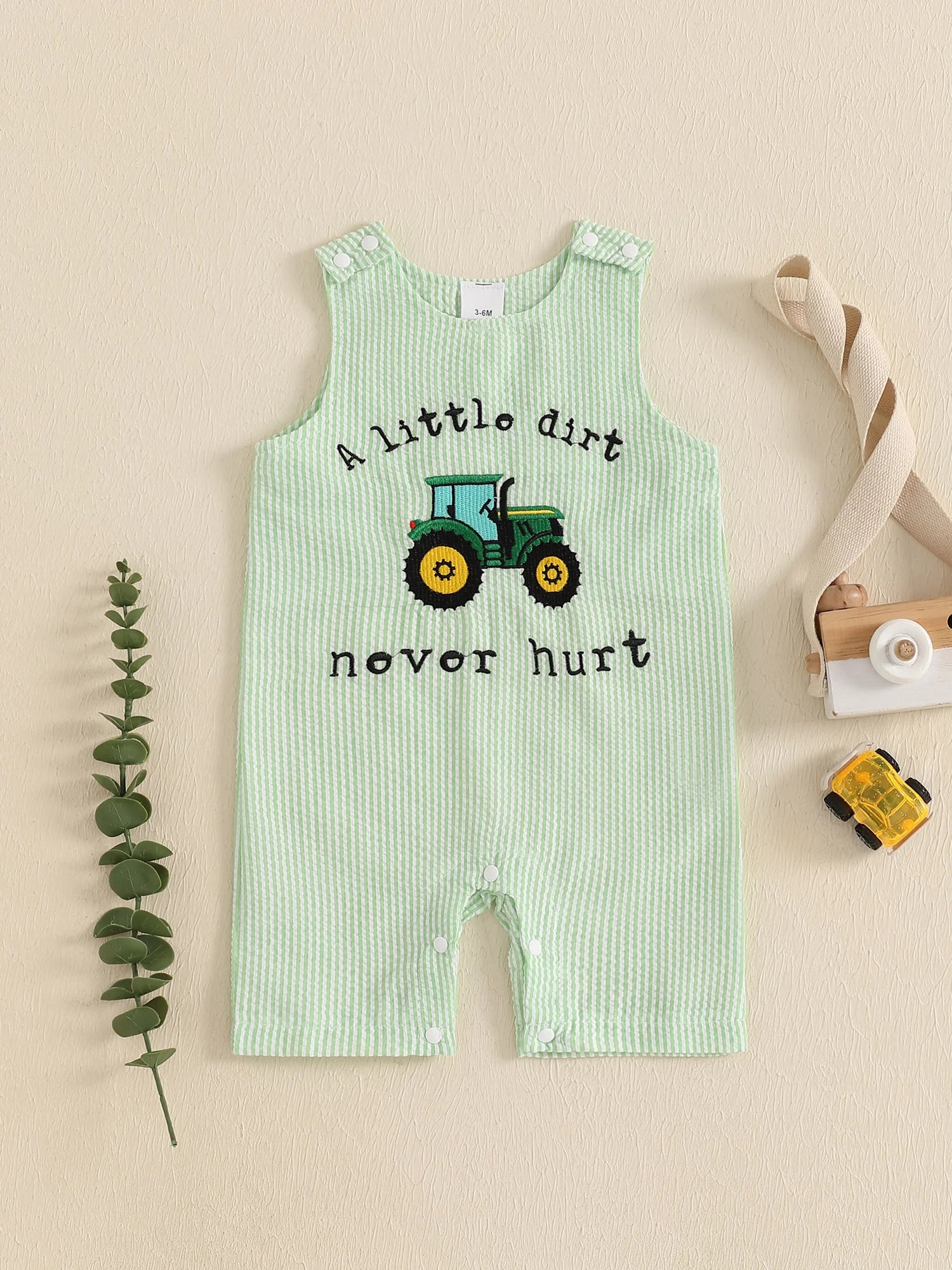 Adorable Infant Boys Sleeveless Romper with Fun Trucker Embroidery and Striped Design - Perfect Summer Outfit for Little Ones