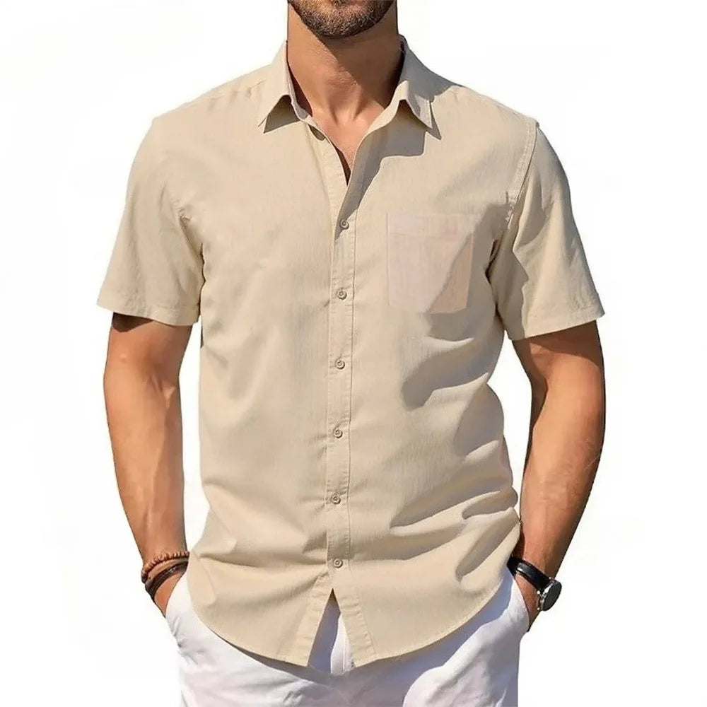 Men's Cotton Linen Shirt Summer Short Sleeve Button Up Hawaiian Lightweight Shirts Vacation Casual Lapel Collar Tops