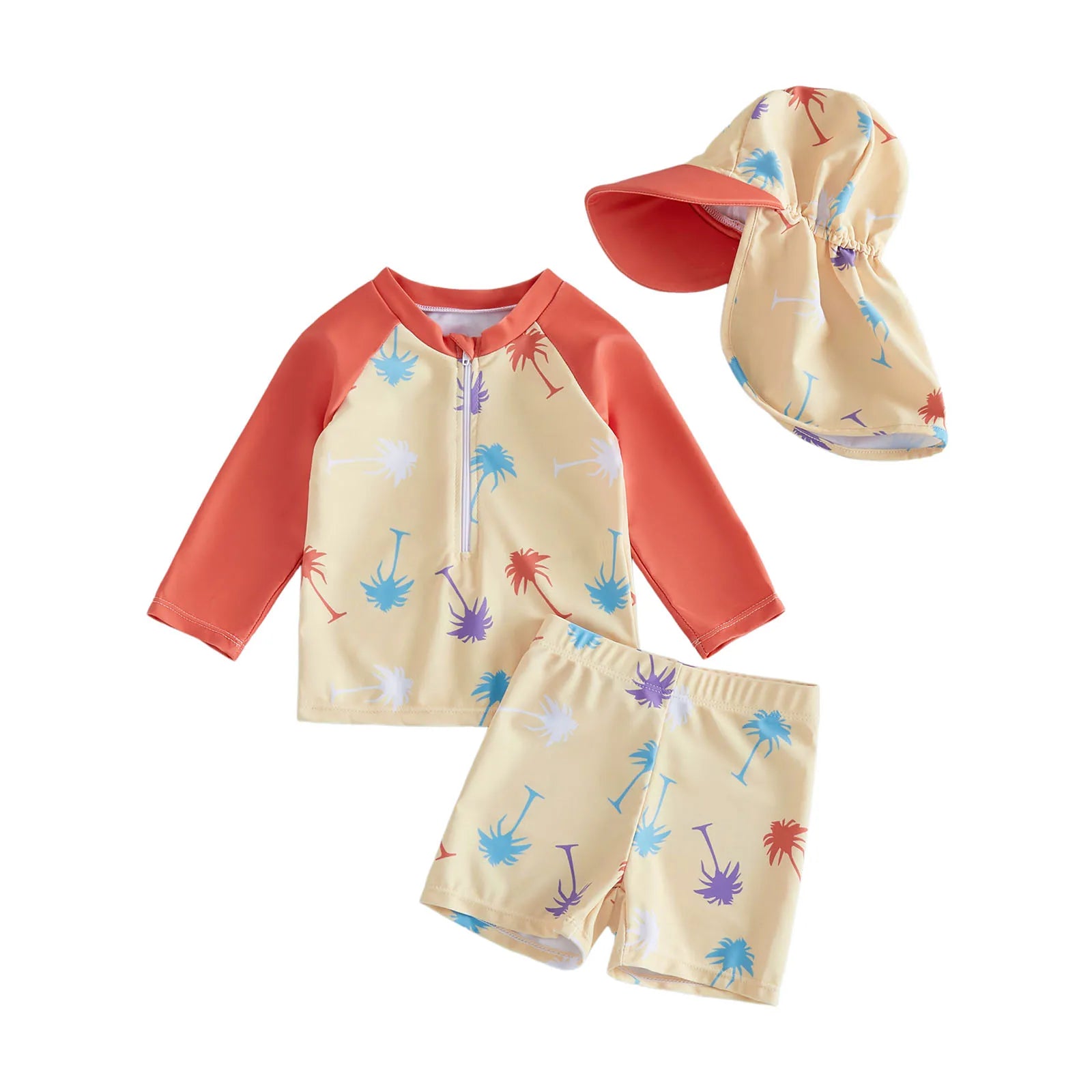 3Pcs Toddler Boy Swimsuit Set Long Sleeve Crew Neck Marine Animal Print Tops Swim Trunks and Hat Rash Guard Bathing Suit