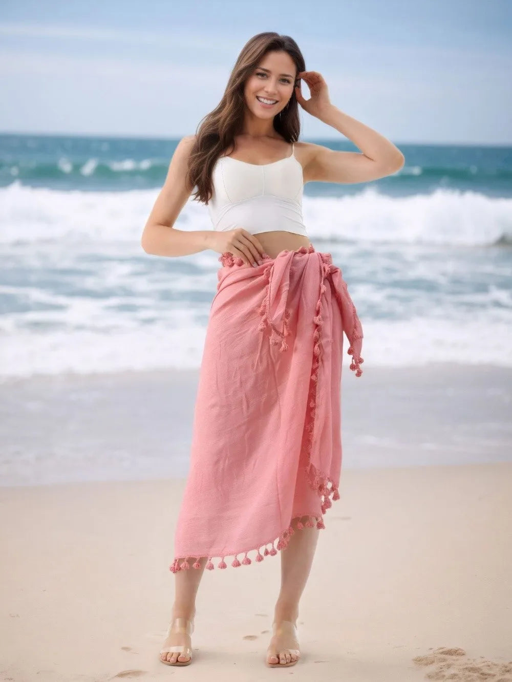 Solid Color Beach Wrap Skirt Sheer Design Quick Drying Sarong Beach Towel Knot Side Tassel Trim Bikini Cover Up