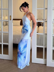 Weird Puss Beach Vacation Dress Women See Through Flower Print Halter Backless Bandage Sleeveless Party Club Stretch  Bodycon
