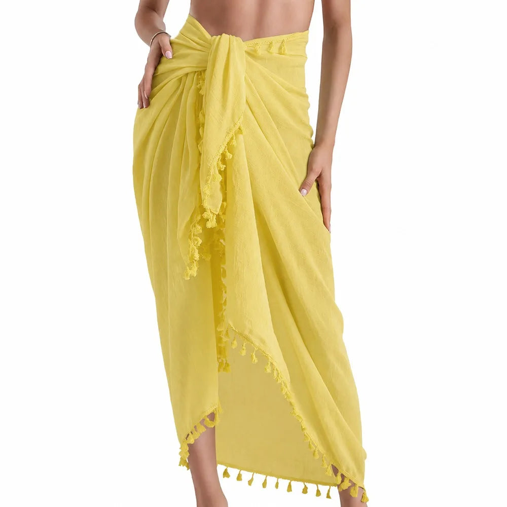 Solid Color Beach Wrap Skirt Sheer Design Quick Drying Sarong Beach Towel Knot Side Tassel Trim Bikini Cover Up