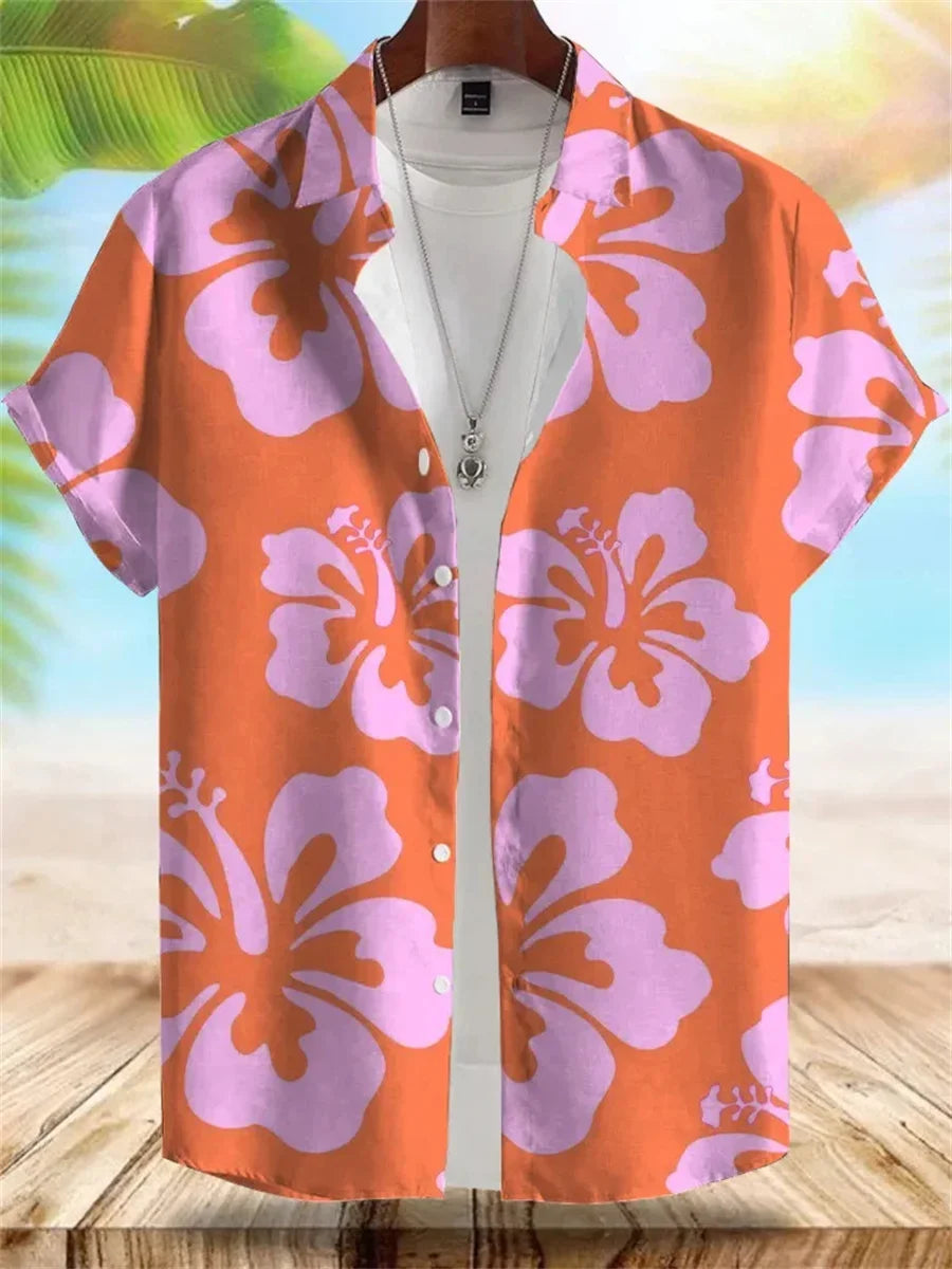 2026 Summer New Men's Tropical Floral Print Short-Sleeve Shirt, Casual Loose Fit, Vacation Style, Beachwear, Hawaiian Shirt