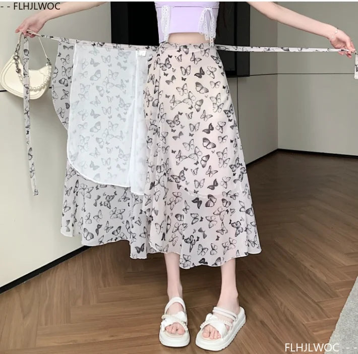 Wrap Up Chic Korea Clothes Women Cute Girls Floral Robe Holiday Beach Date High Waist Retro Vintage One-Piece Lace-Up Skirts