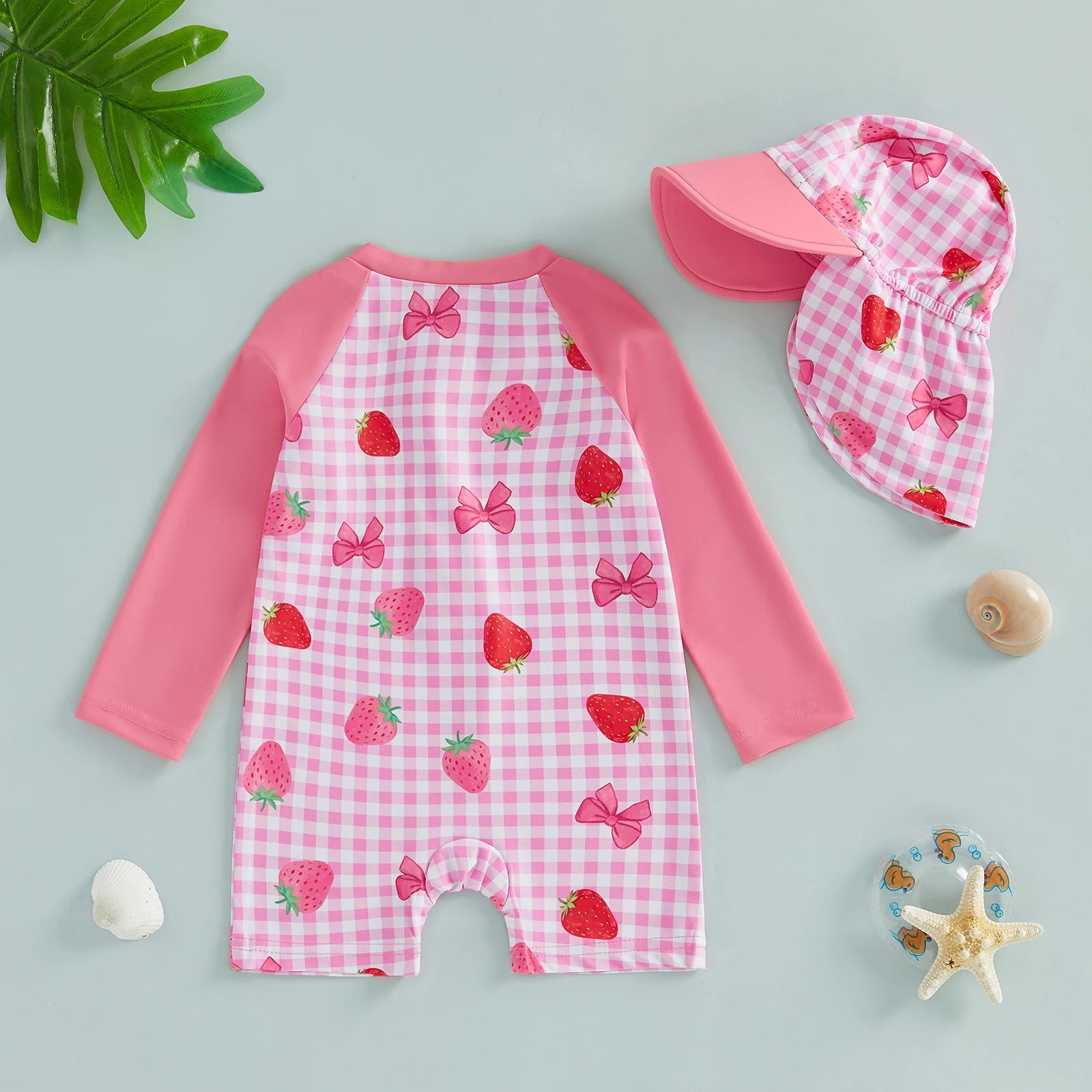 3M-3T Toddler Girl Rash Guard Swimsuit Strawberry/Bow/Cherry Print Long Sleeves Front Zipper Bathing Suit with Hat