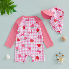 3M-3T Toddler Girl Rash Guard Swimsuit Strawberry/Bow/Cherry Print Long Sleeves Front Zipper Bathing Suit with Hat
