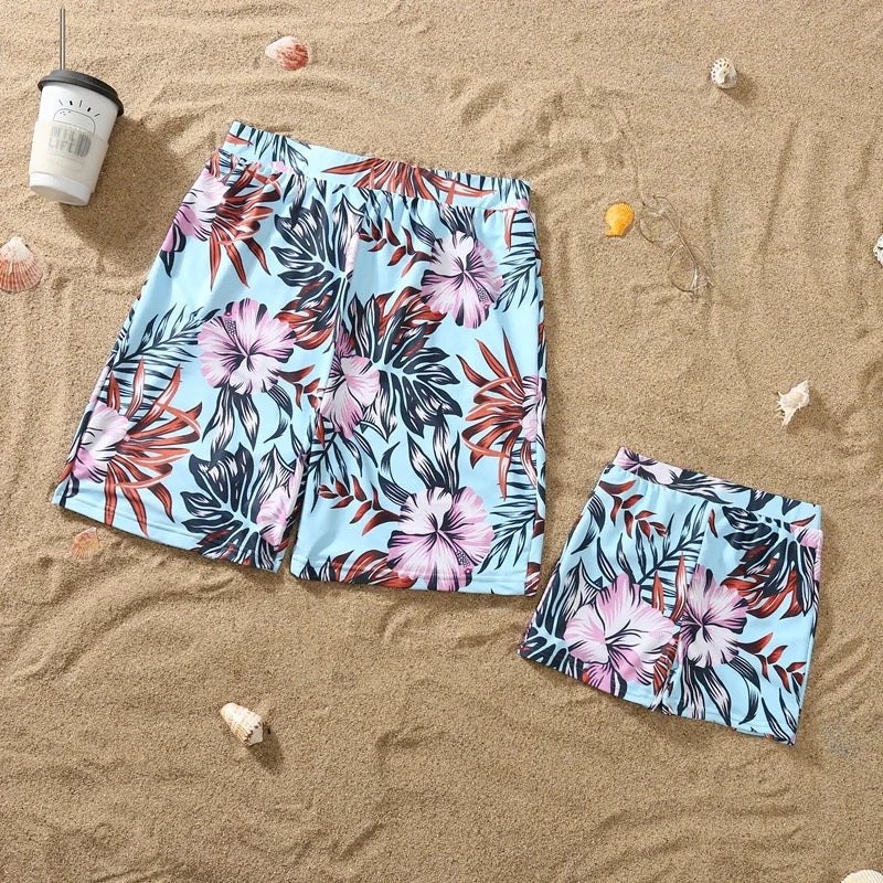 2024 New Mom Daughter Swimwear Floral Pattern Ruffle One-Piece Swimsuit Dad Son Swim Shorts Family Matching Outfits Beach Wear