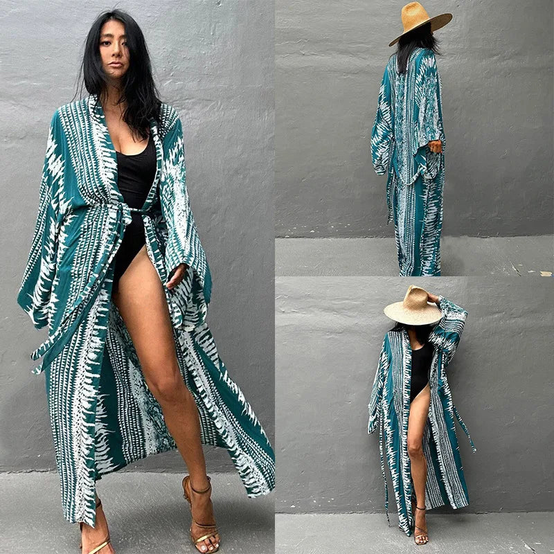 Beach Cover Ups Women Tie Dye Printed Kimono Cardigan Self Belted Wrap Dresses Summer Holiday Bathing Suits