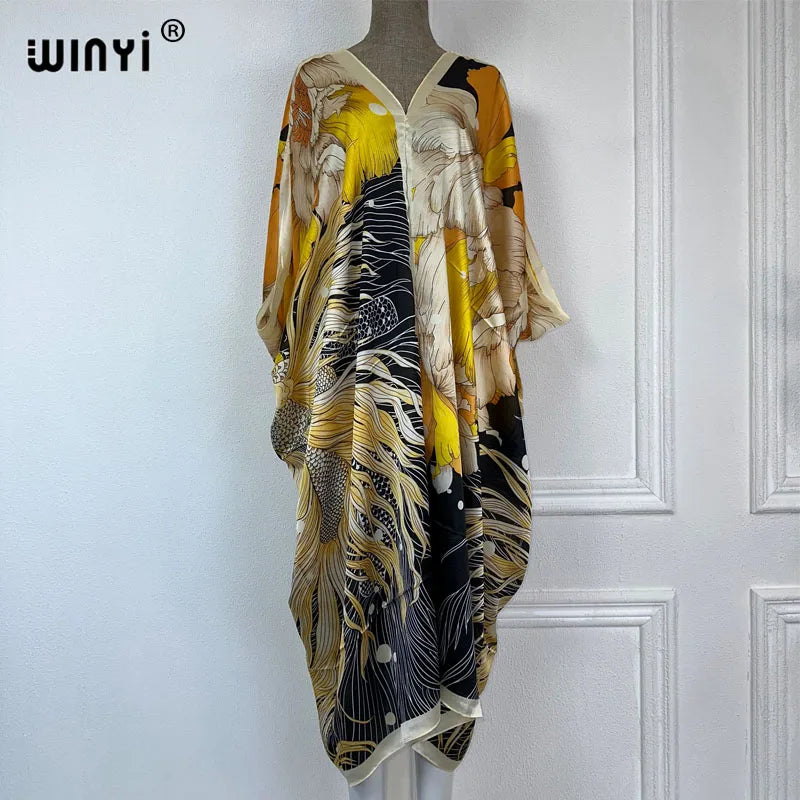 WINYI 2023 V-neck Africa Fashion Women Sexy Boho Casual silk Floral Vintage print Evening Party Beach cover up Long Maxi Dress