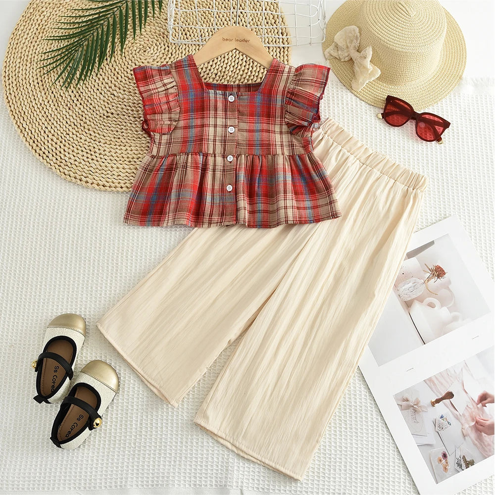 Summer Sweet and Casual 3-10-year-old Girls and Teenagers Pink Suit Square Collar Checkered Top+Wide Leg Pants Two Piece Set
