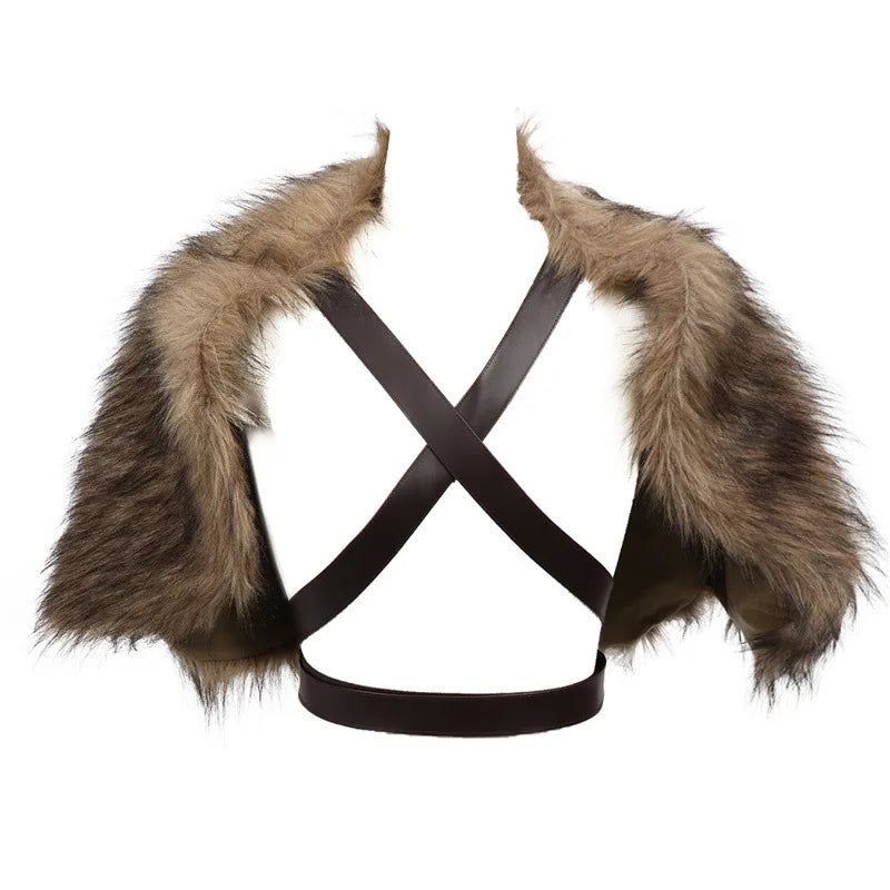 Fur Collar Cape Medieval Winter Clothing King Warrior Viking Fur Shawl With Chest Strap Faux Fur Cloak Halloween Cosplay Costume
