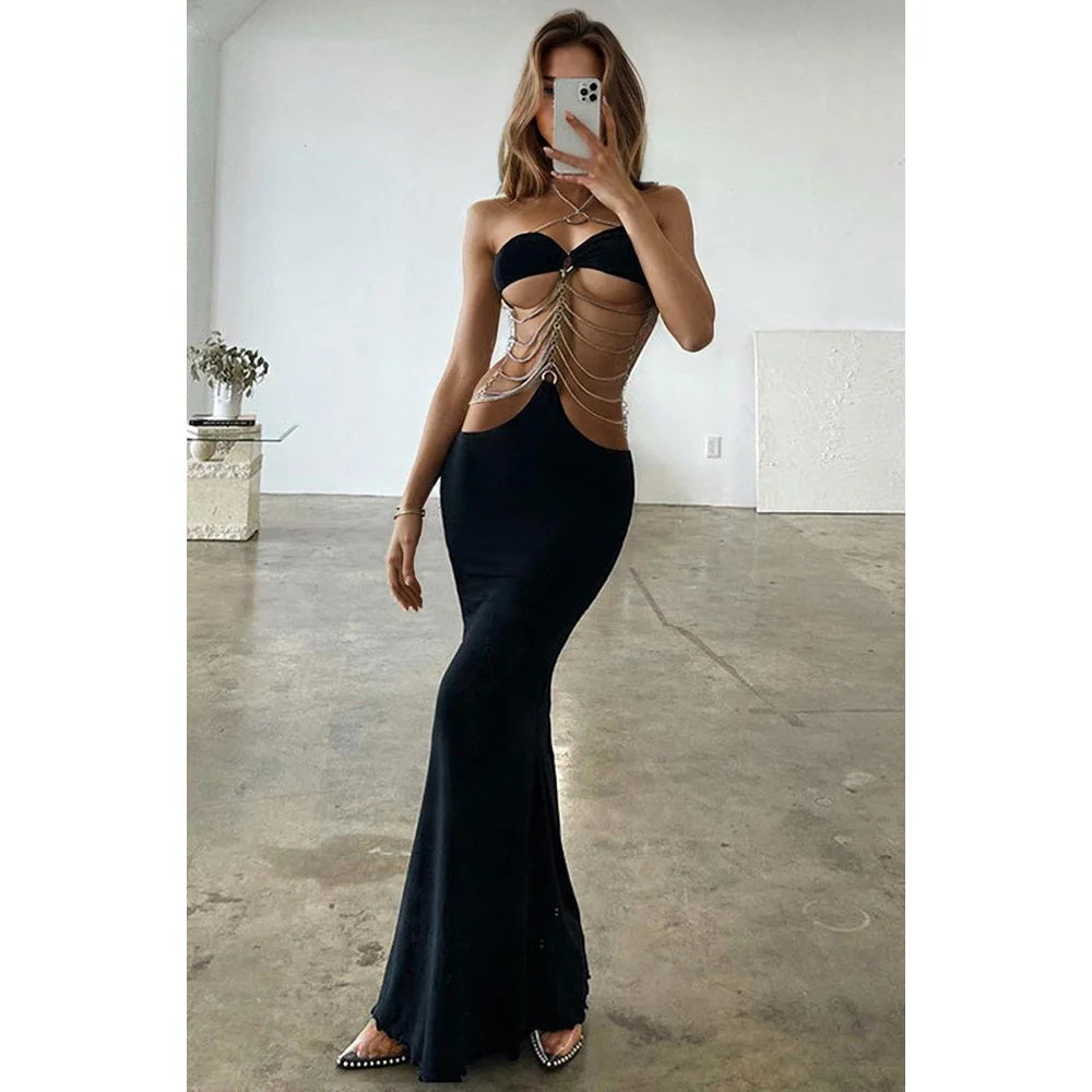 Metal Chain Halter Hollow Out Party Dresses Women Evening Sexy Sleevel – Ann's Store