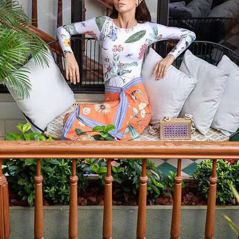 Summer New Beach Vacation 2 Piece Casual Pattern Printed Swimsuits Suits Fashion Slim Long Sleeve Bodysuit + Half Skirts Outfits
