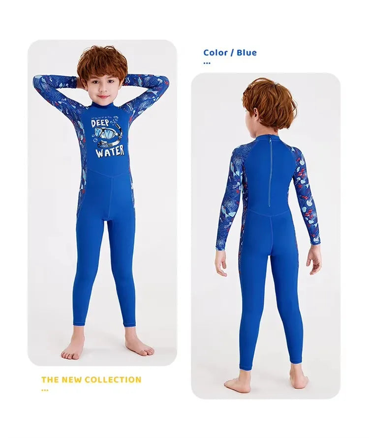 Girl Boy Swimwear Zipper One Piece Suit Kids Sunscreen Quick Drying Long Swimsuit Beachwear Bathing Suit(Including Swimming Cap)