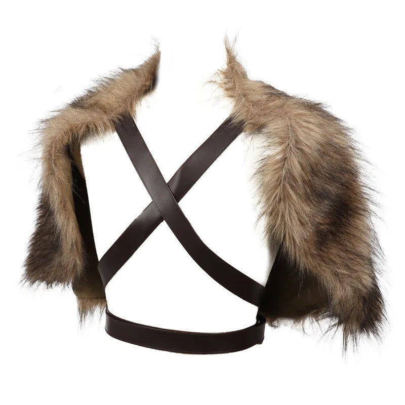 Fur Collar Cape Medieval Winter Clothing King Warrior Viking Fur Shawl With Chest Strap Faux Fur Cloak Halloween Cosplay Costume
