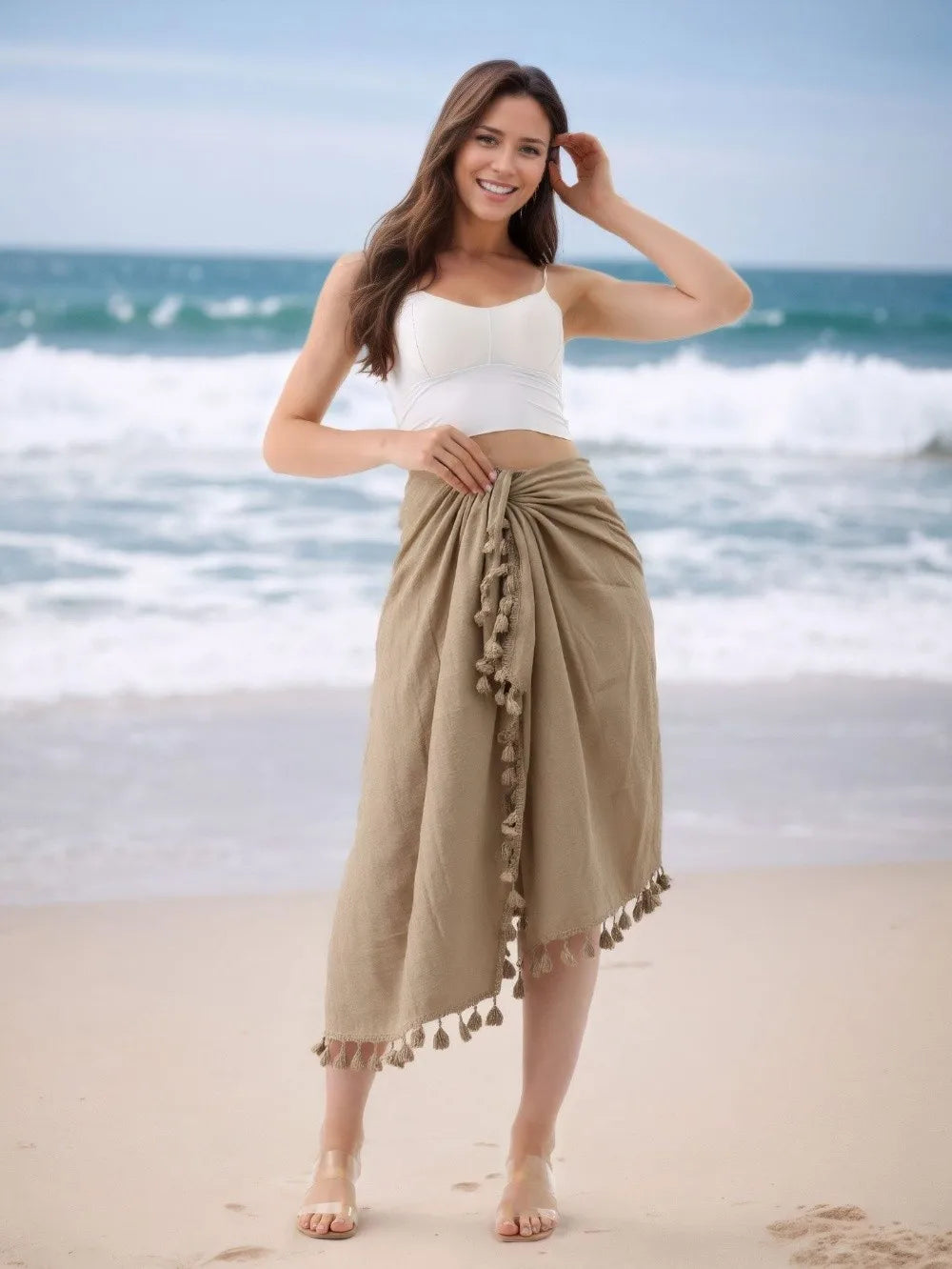 Solid Color Beach Wrap Skirt Sheer Design Quick Drying Sarong Beach Towel Knot Side Tassel Trim Bikini Cover Up