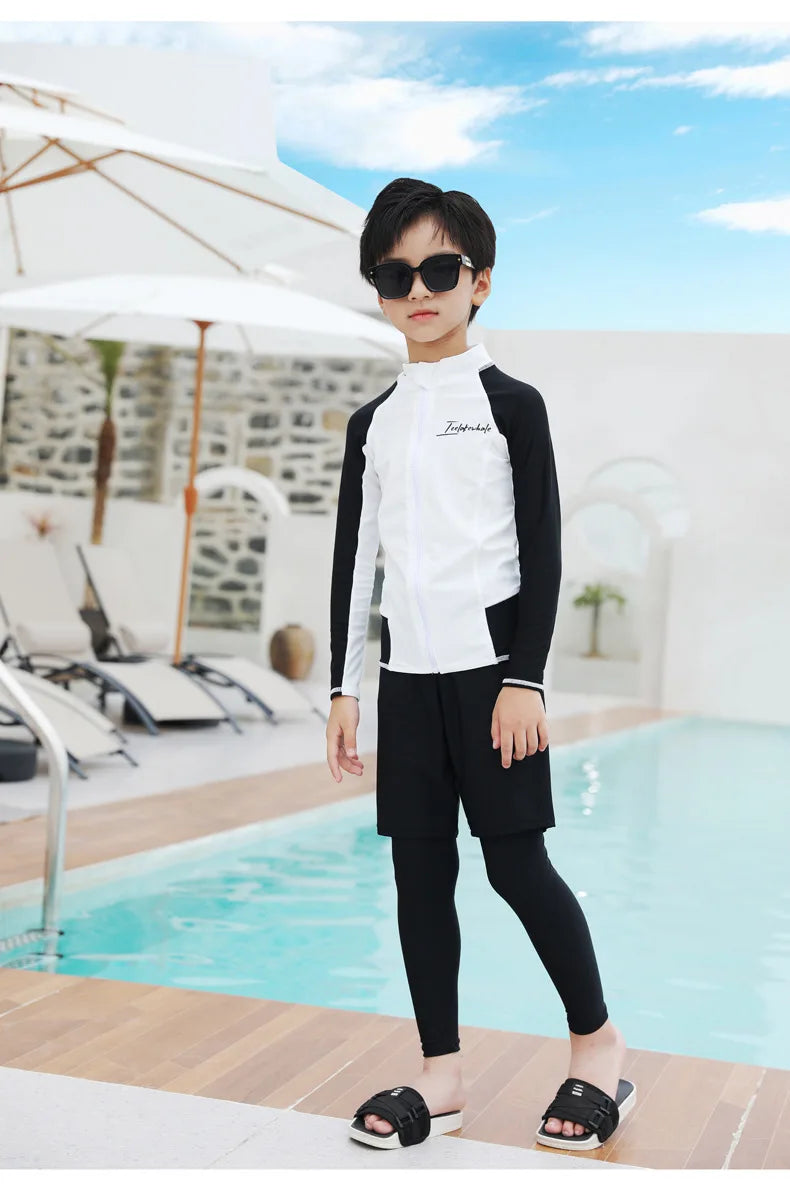 Three Piece Long Sleeve Cover Up Swimwear Korean Beach Wear Kids Girls Boys Swimsuit White Black Rash Guard Bathing Suits Pants