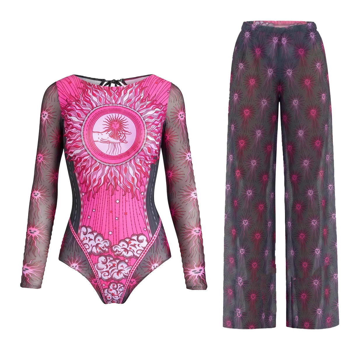 Women's Long Sleeve Swimwear Sunscreen One Piece Swimsuit High Elastic Thickened Mesh Loose Pants SPF35+ New Fitness Beachwear