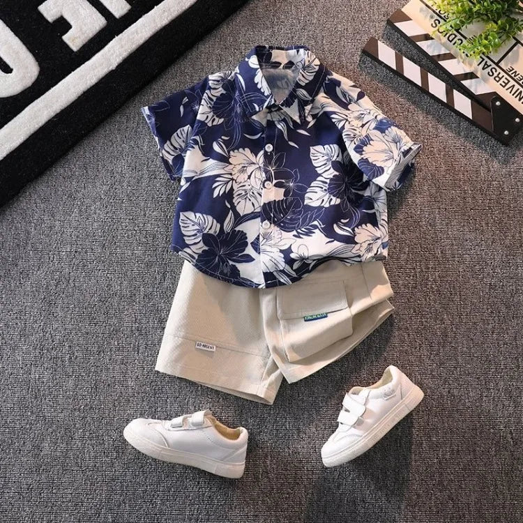 Retro Floral Print Boy's Short Sleeve Shirt Kids Summer Clothing Trendy Stylish Beach Vacation Top for Children Ages 3-10