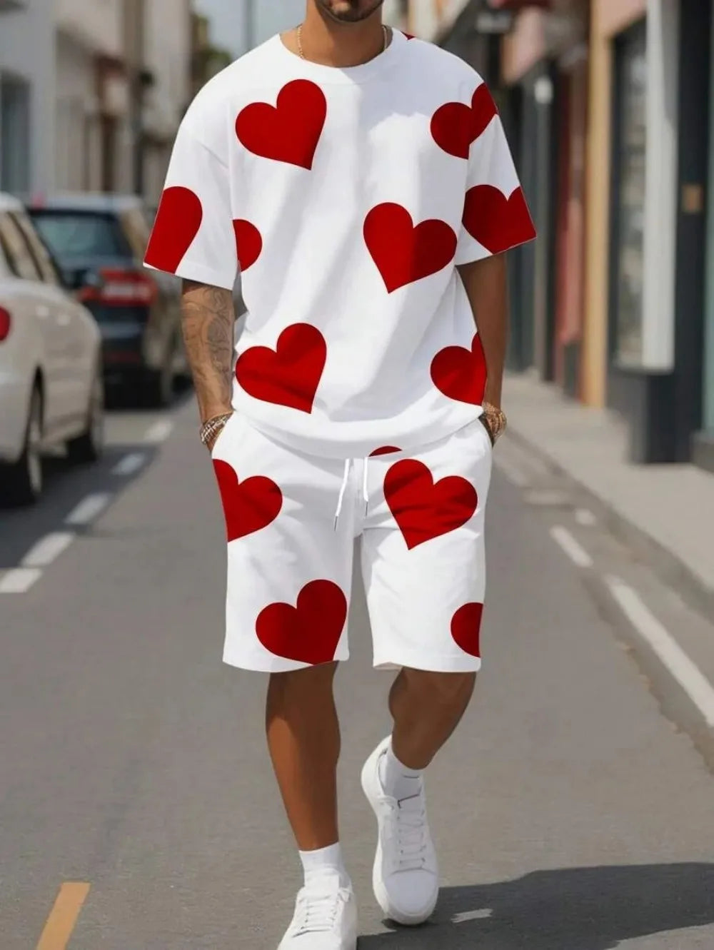 Summer men's breathable and comfortable round neck T-shirt shorts with printed pattern outdoor casual two-piece set