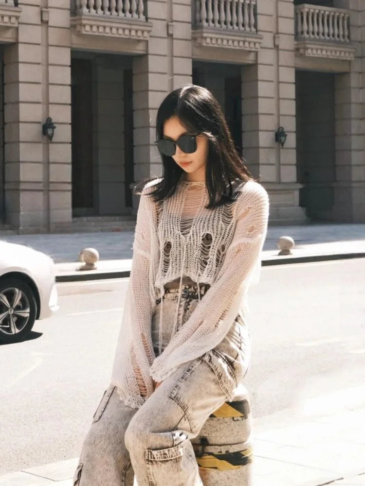 Y2k Cropped Hole Sweater Sexy Gyaru Hollow Out Knit Pullovers Goth Korean Long Sleeve Jumper Summer Fashion Sheer Knitwears Tops