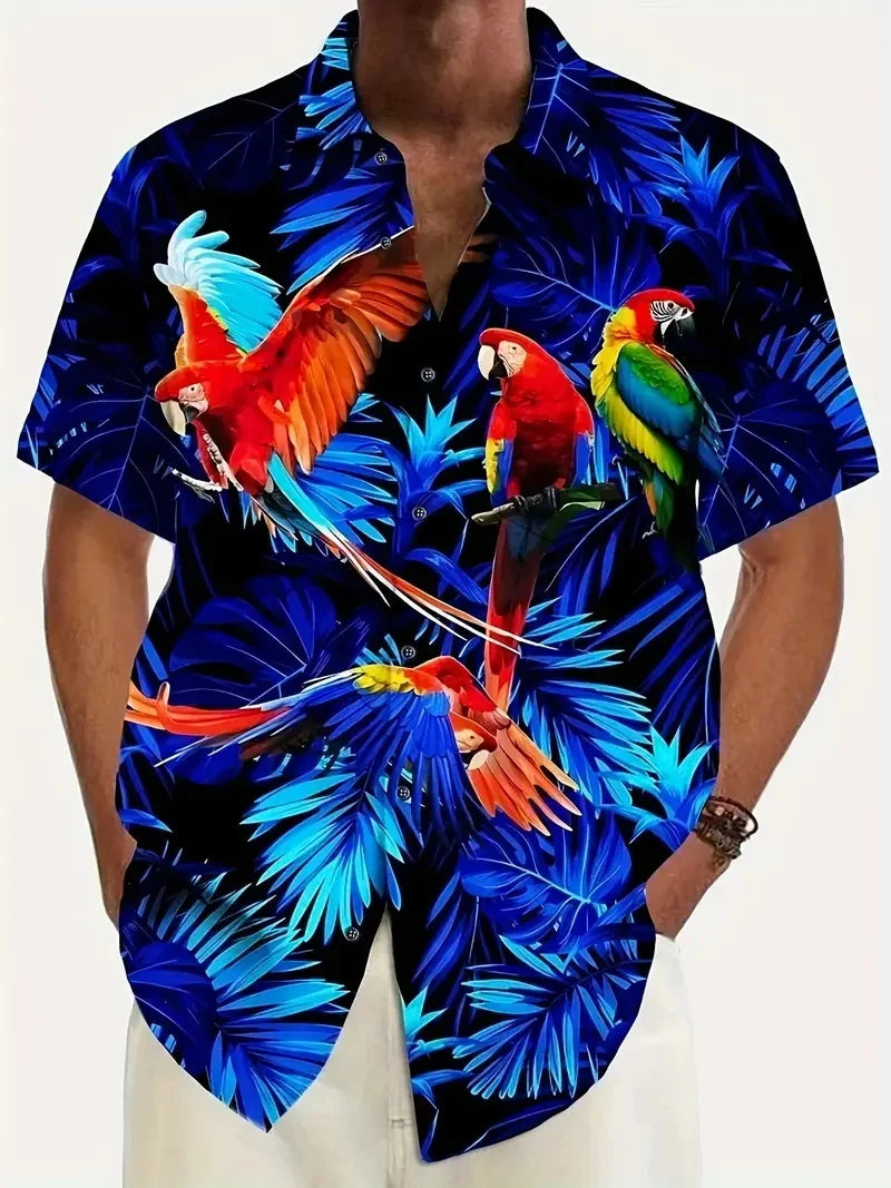 Men's Vibrant Parrot Tropical Floral Print Hawaii Shirts Casual Short Sleeve Button Up Beach Shirt for Men Summer Vacations