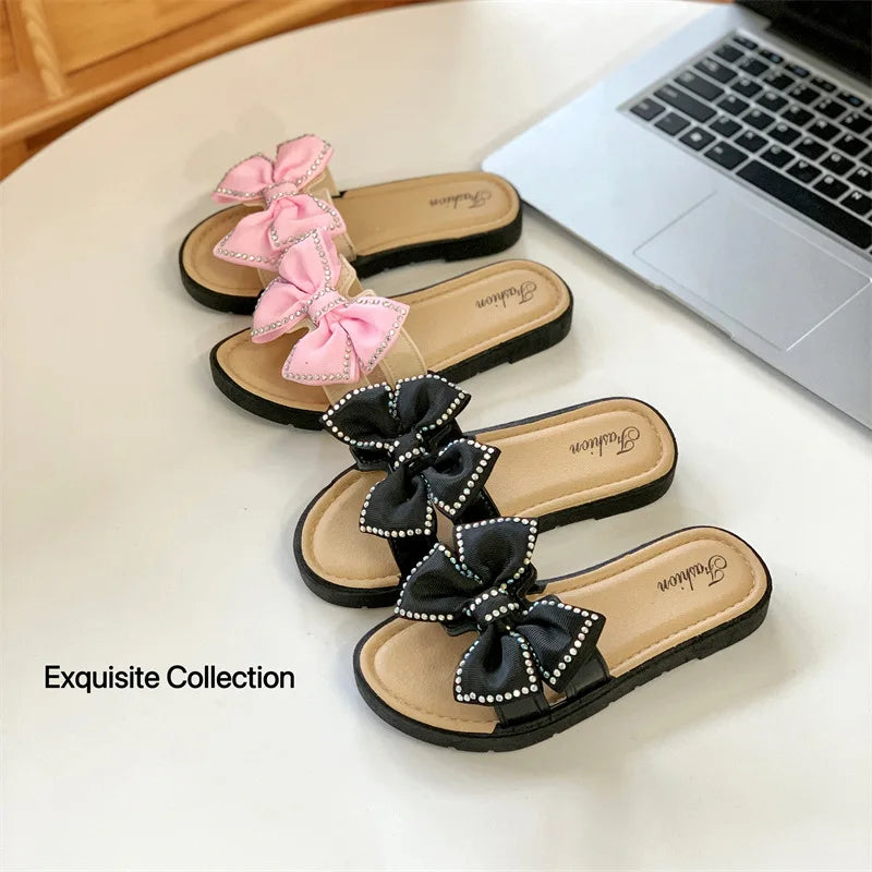 2026 New Bow Flats Open Toe Slide Sandals Non-slip Flip Flops Children Home Slippers Kids Girls Summer Cute Beach Slippers Shoe