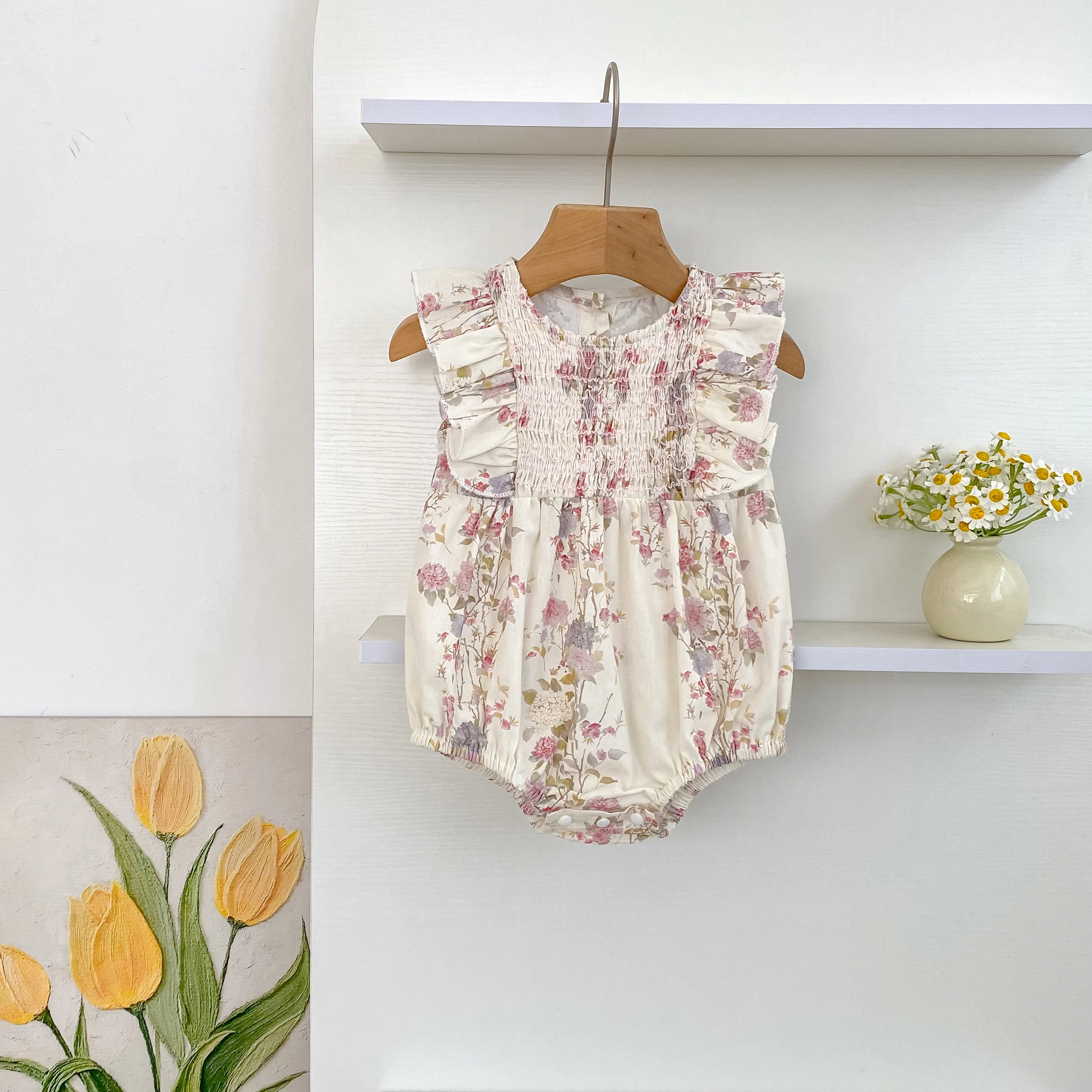 Girls Pink Floral Dress Ruffle Baby Romper Dress Summer Kids Short Sleeve Beach Dresses Toddler Bodysuit Sister Family Clothes