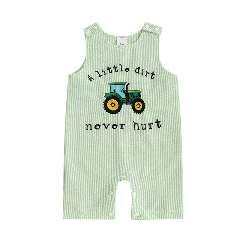 Adorable Infant Boys Sleeveless Romper with Fun Trucker Embroidery and Striped Design - Perfect Summer Outfit for Little Ones