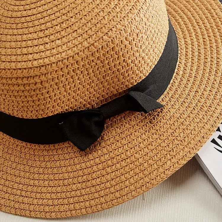 COKPanama Simple Summer Beach Sun Protection Bowknot French-style Small Hat Women's Casual Flat-Brimmed Straw Hat with Bow，Women