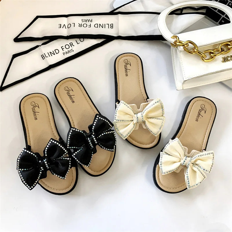 2026 New Bow Flats Open Toe Slide Sandals Non-slip Flip Flops Children Home Slippers Kids Girls Summer Cute Beach Slippers Shoe