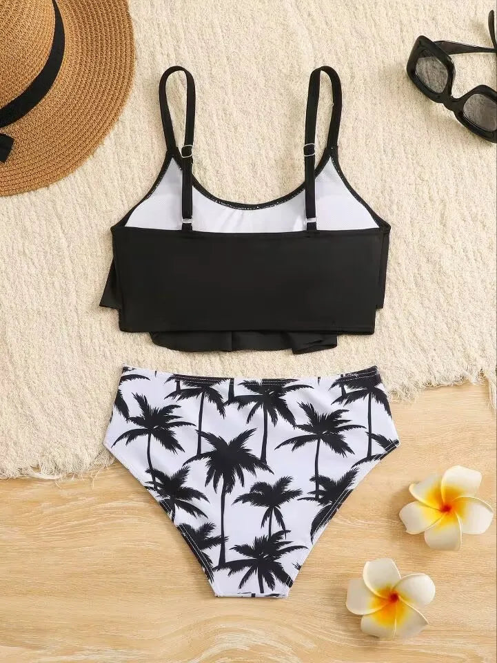 7-12 Years Girls Kids High Waist Ruffle Swimwear Summer Beach Children Swimsuit Print Biquini Teens Bathing Suit Pink Bikini Set
