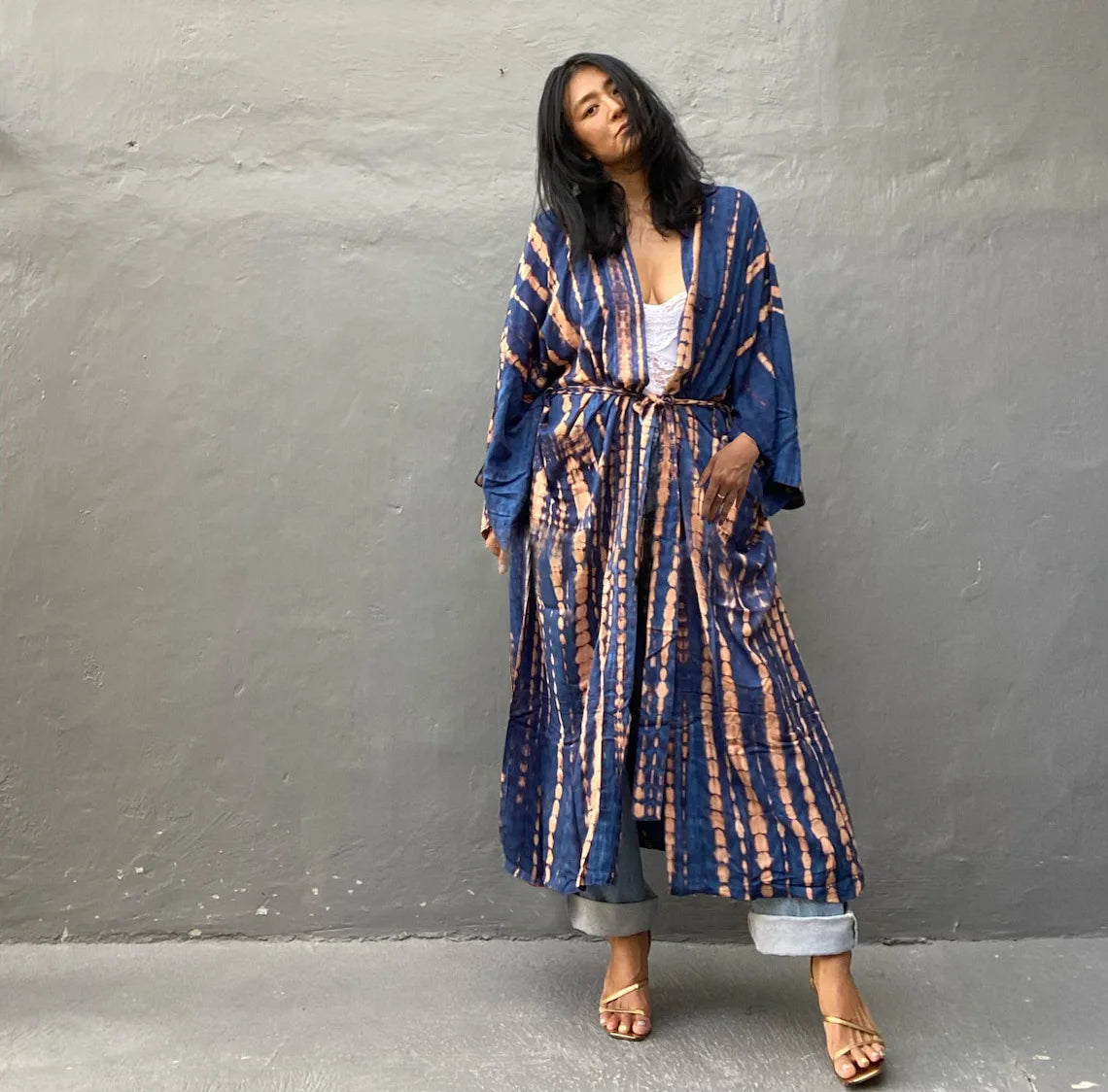 Women's Boho Stripe Tie Dye Swimsuit Cover Up with Belt Tunic Sarong Cardigan Dress Bikini Cover-ups Beach Wear Kimono